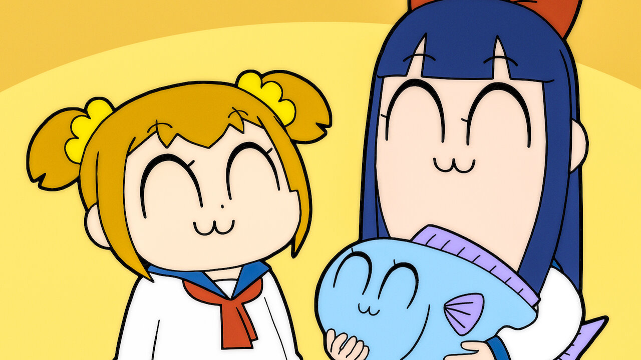 Pop team Epic Pipimi y Popuko sosteniendo un pescado sonriendo